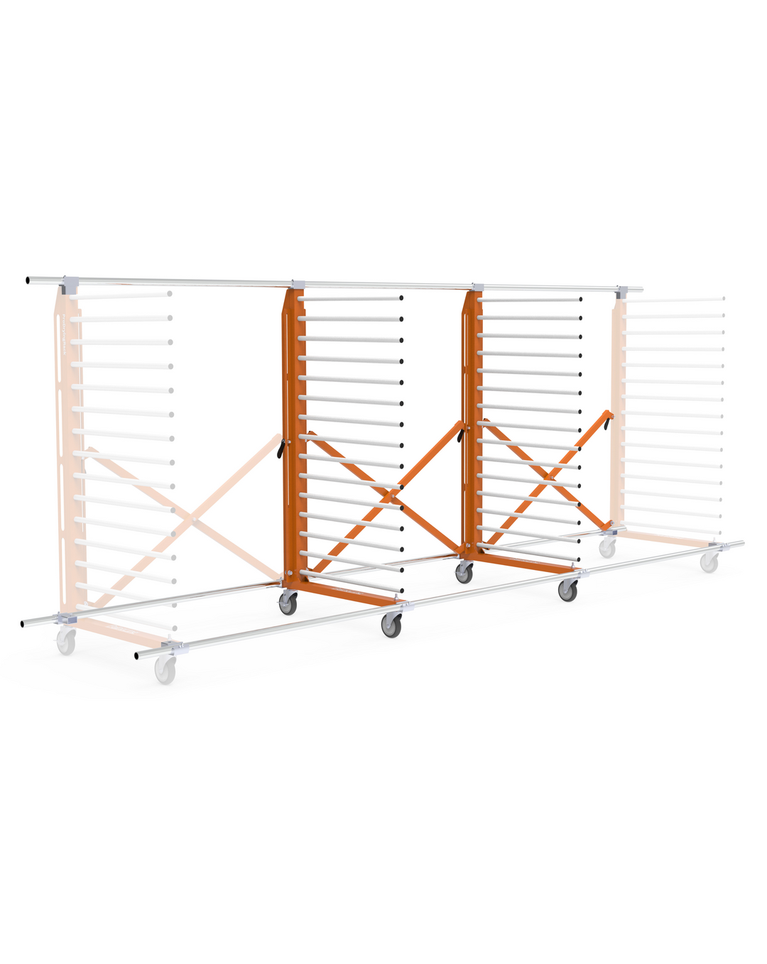 Orange a white industrial rack with multiple shelves on a white background