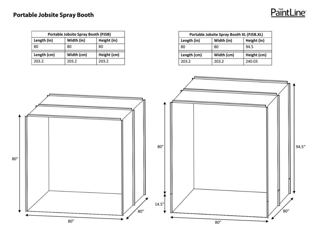 PORTABLE JOBSITE SPRAY BOOTH (PJSB) SIZE CHARTS