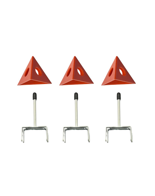 SPRAYTWIRLY (SPTY) 3 ORANGE PLASTIC PAINT PYRAMIDS AND 3 MAGNETIC TOP HOLDER COMPONENTS ON WHITE BACKGROUND