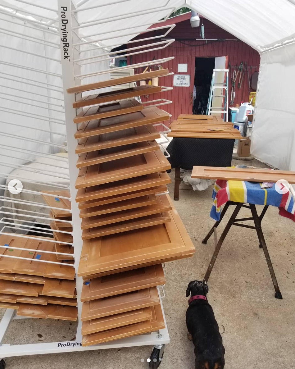 PRODRYINGRACK KD (PDRKD) IN USE OUTSIDE HOLDING UNFINISHED CABINET DOORS
