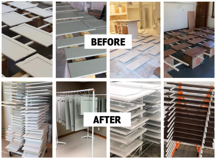 Before and After collage of cabinet doors drying on the floor, then using PaintLine drying racks for better drying and organization