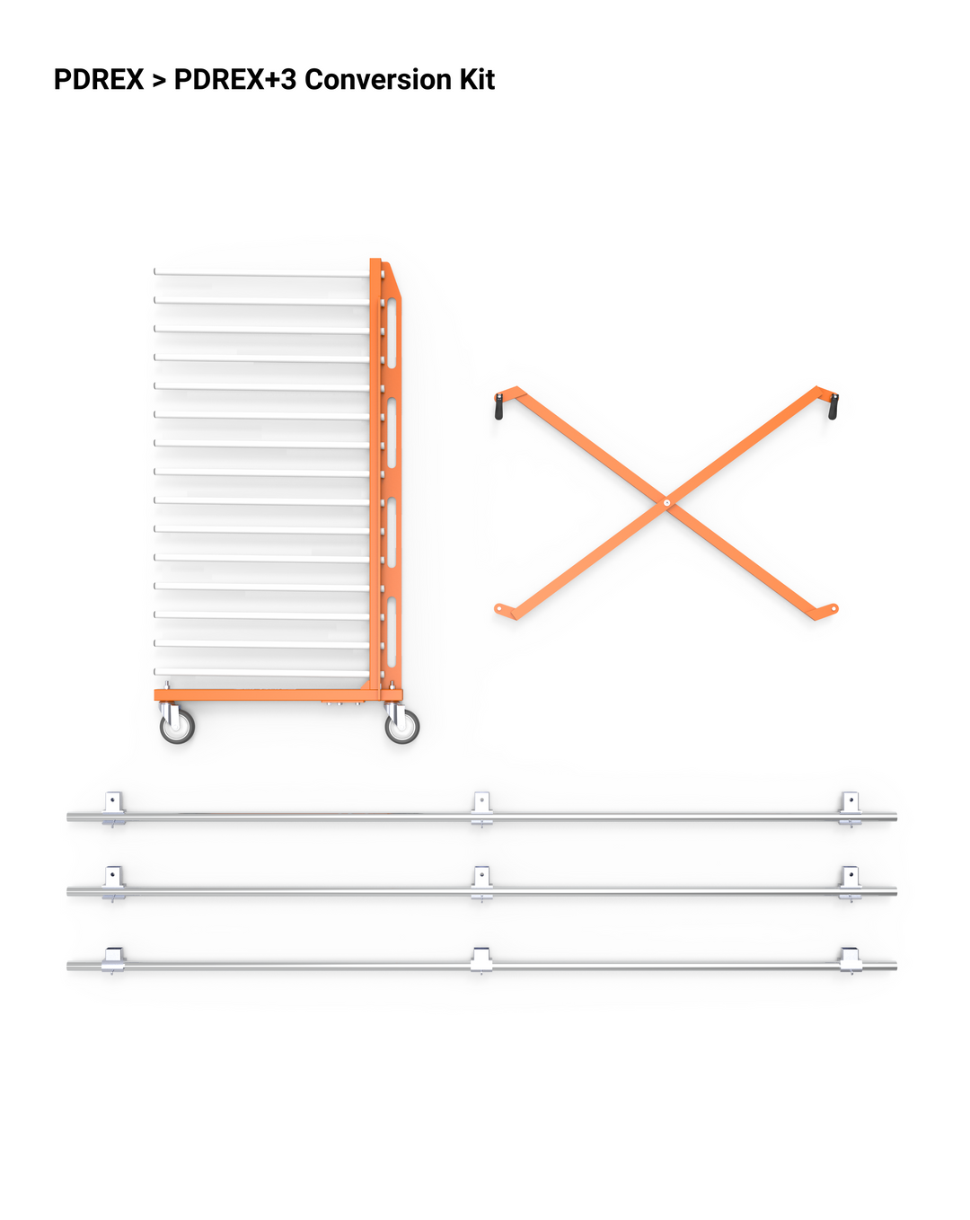 PDREX to PDREX+3 conversion kit components on a white background
