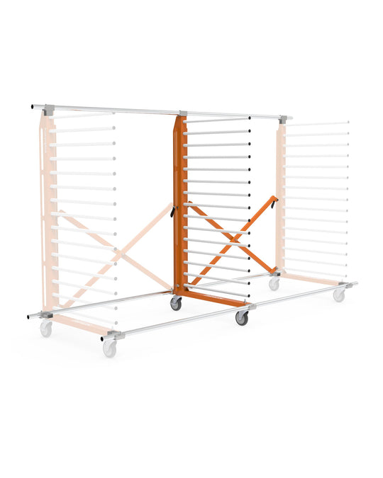Orange a white industrial rack with multiple shelves on a white background