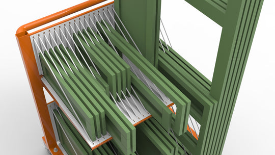 PRO FACE FRAME & DOOR MOVER (PFFDM) TOP VIEW WITH FACE FRAMES AND CABINET DOORS CLOSE UP TO SHOW FIBERGLASS RODS