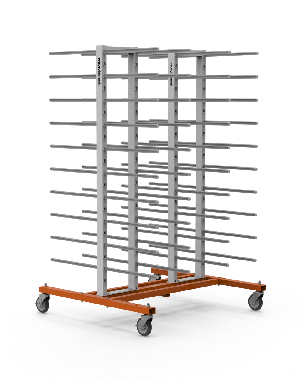 Metal rack with multiple shelves on wheels against a white background