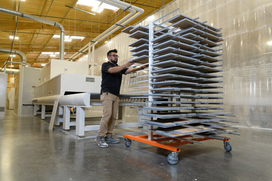 Person pushing a cart with metal shelves in a warehouse setting
