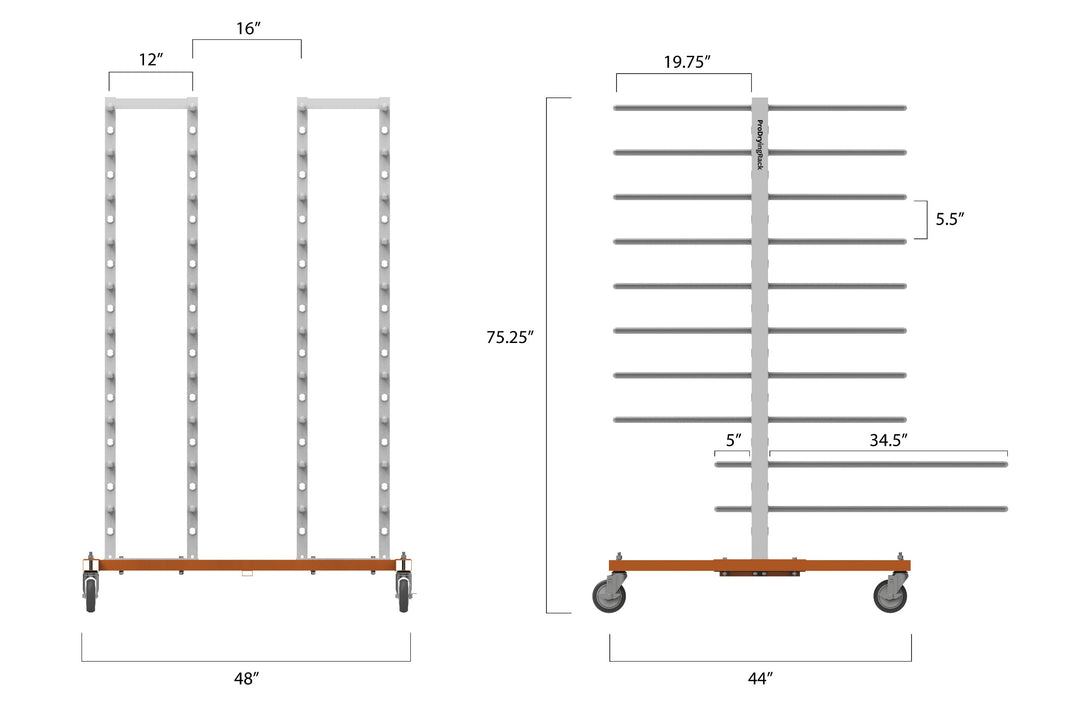 Dimensions of a metal rack with wheels on a white background