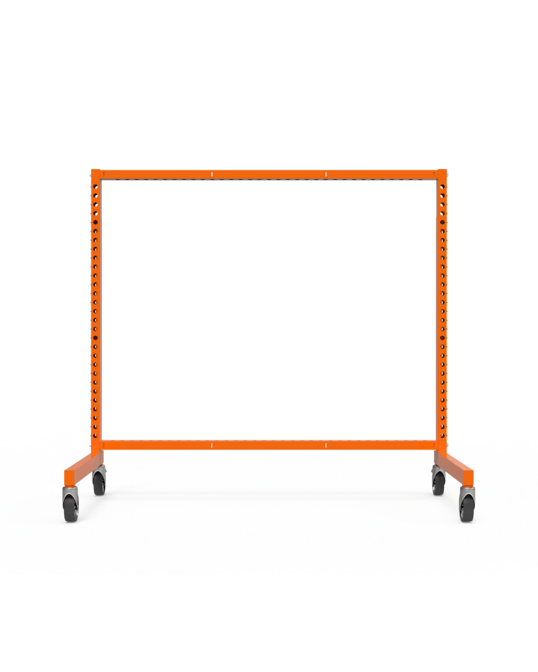 Orange material handling rack on wheels without shelves with a white background