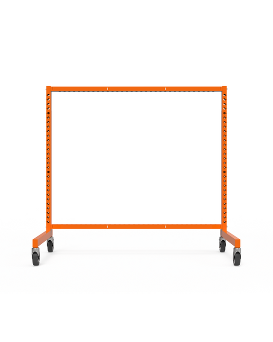 Orange material handling rack on wheels without shelves with a white background