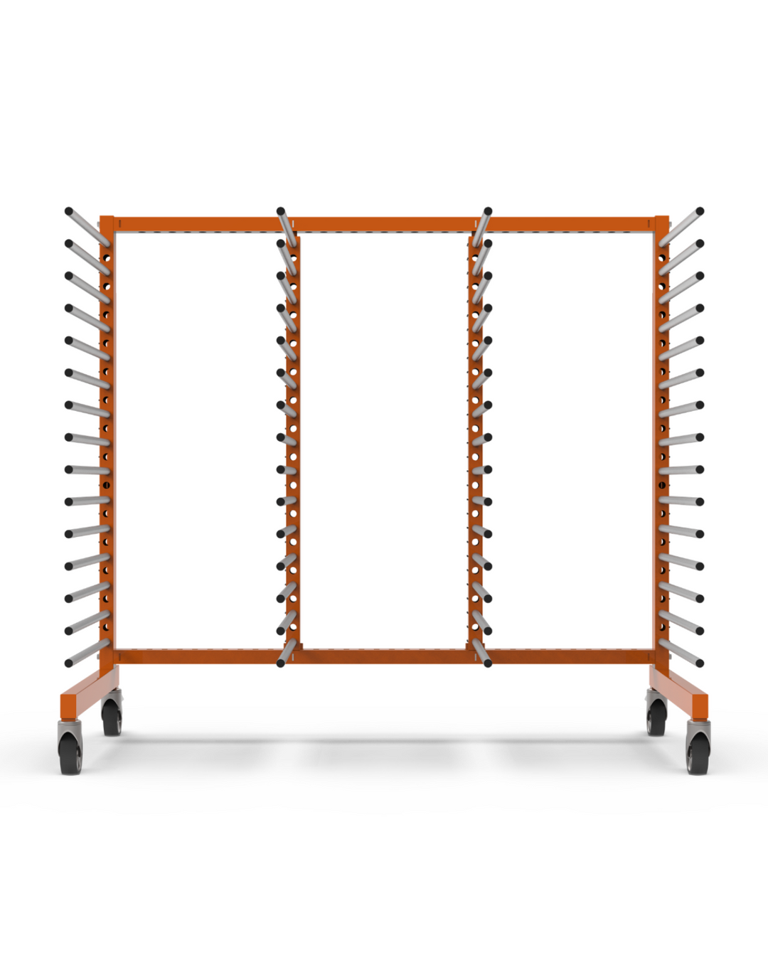 Orange material handling rack on wheels with shelves on a white background