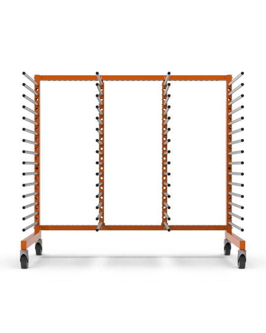 Orange material handling rack on wheels with shelves on a white background