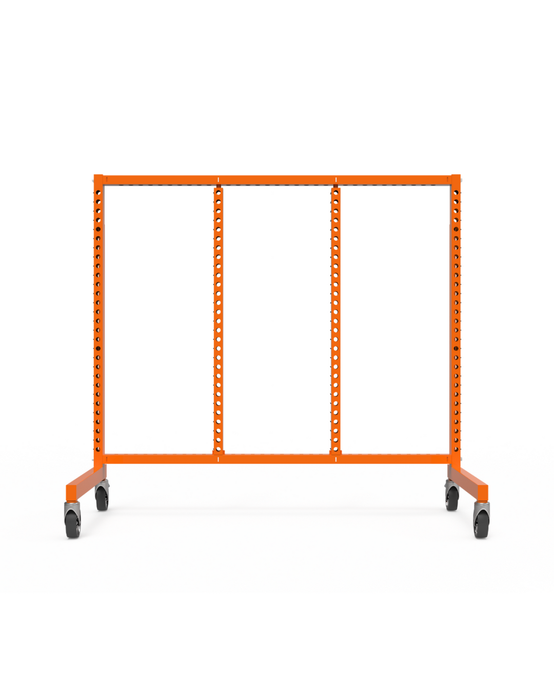Orange material handling rack on wheels without shelves with a white background