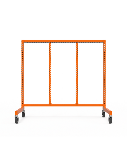 Orange material handling rack on wheels without shelves with a white background