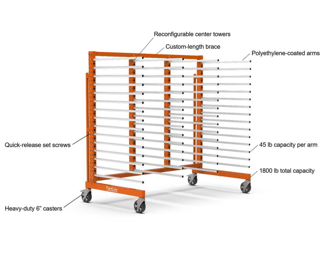 Orange rack with labeled features on a white background