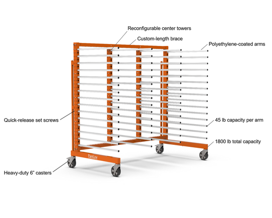 Orange rack with labeled features on a white background