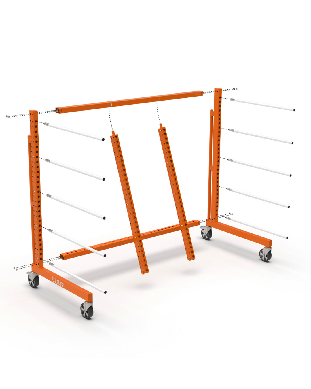 Orange metal frame with wheels on a white background