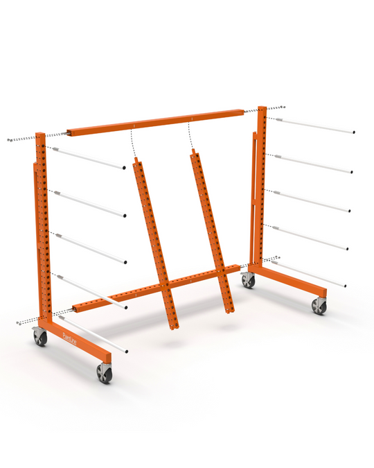 Orange metal frame with wheels on a white background