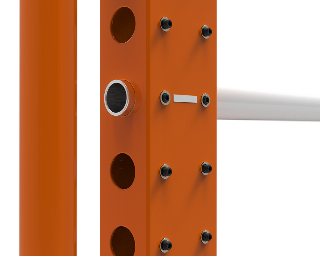 Orange metal bracket with multiple holes and a white rod on a transparent background