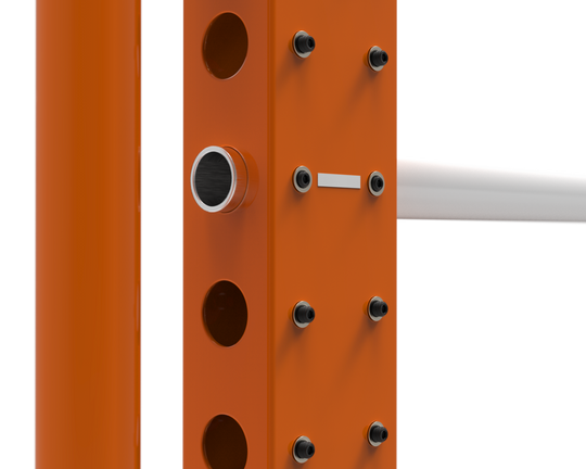 Orange metal bracket with multiple holes and a white rod on a transparent background