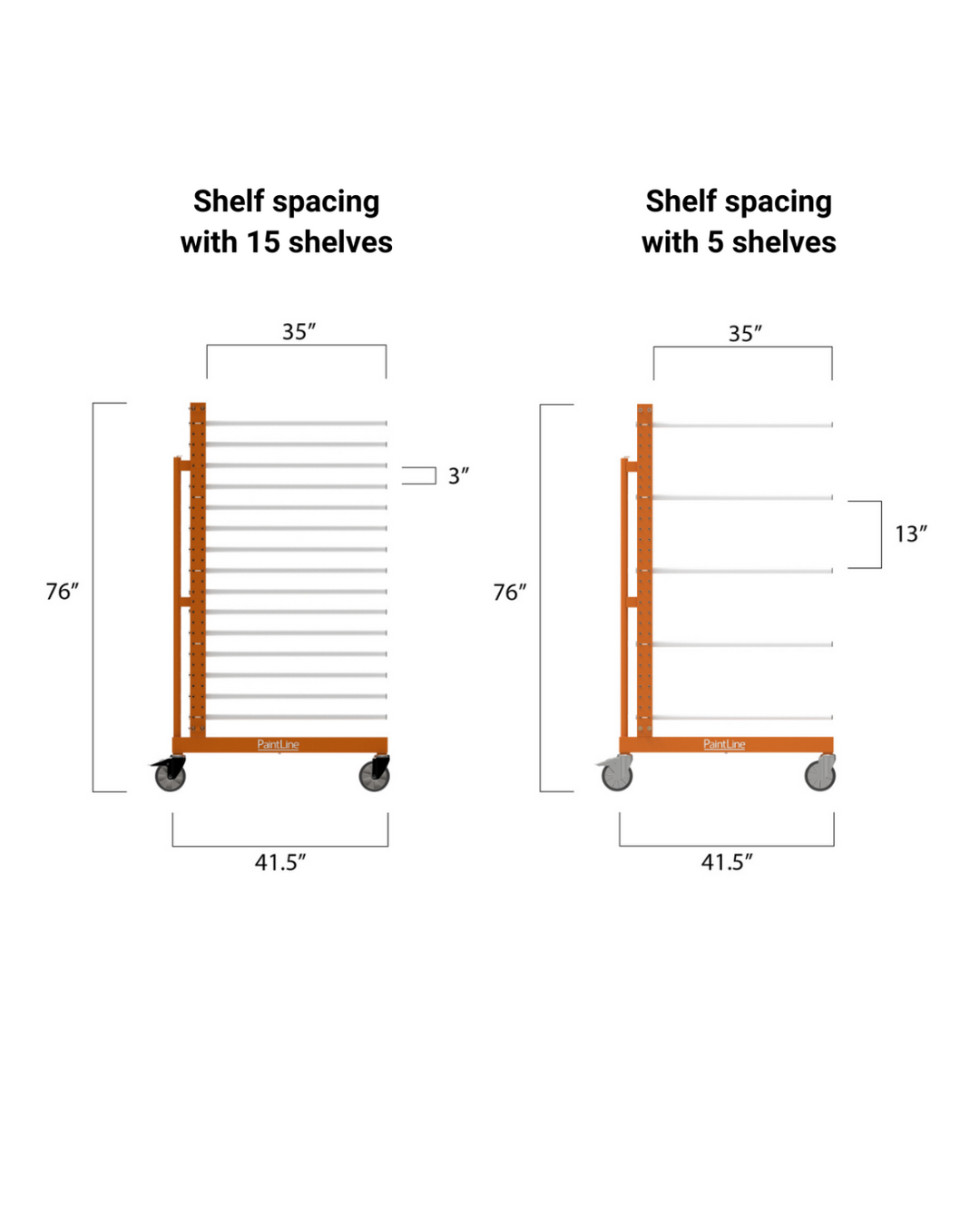 Two diagrams showing shelf spacing for a rolling cart with 15 shelves and 5 shelves, on a white background.