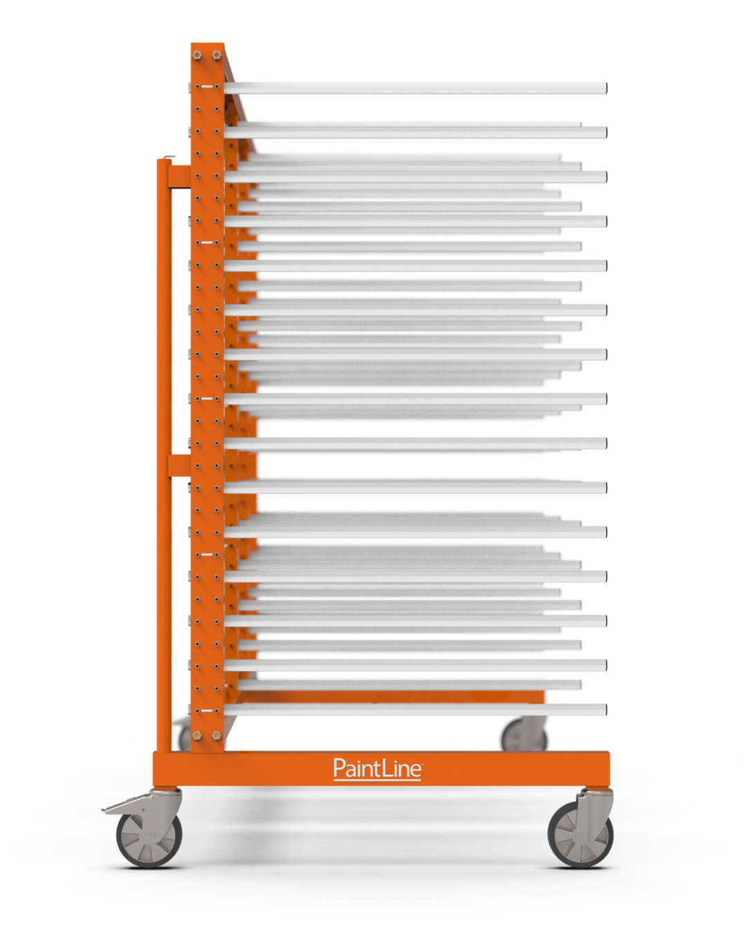 Orange rolling cart with multiple shelves for storage on a white background