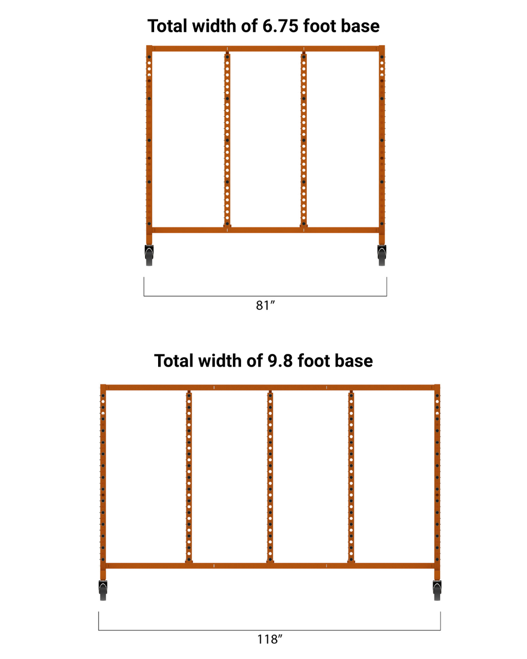 Comparison of two rack bases with measurements on a white background