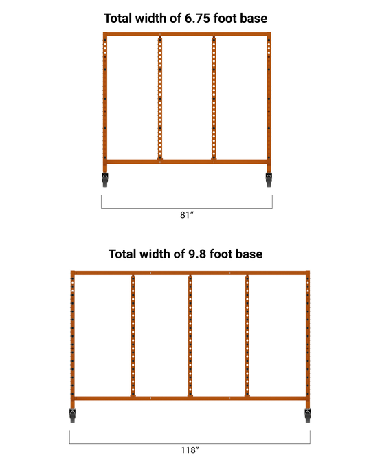 Comparison of two rack bases with measurements on a white background