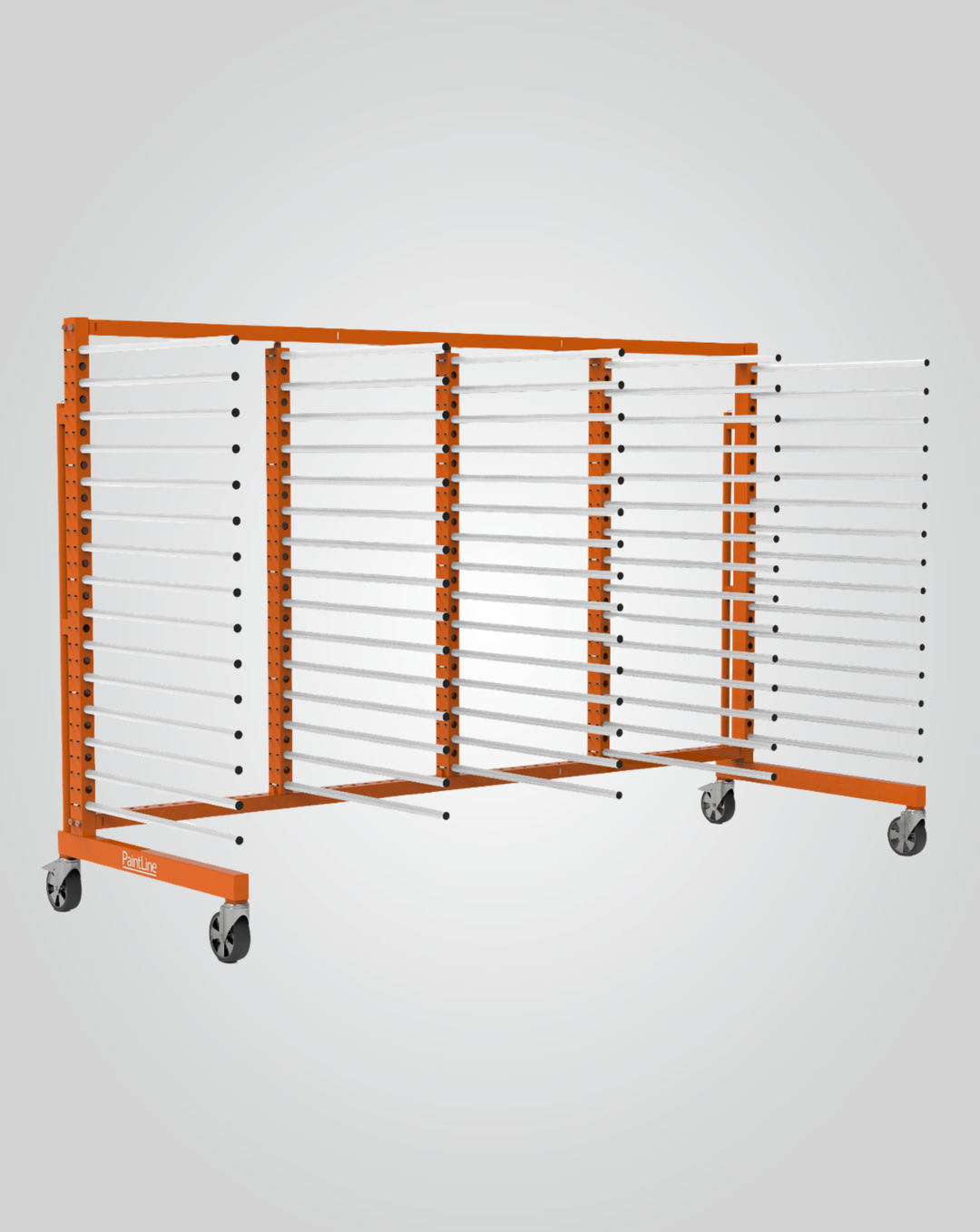 An orange and white metal rolling rack with multiple horizontal bars and caster wheels, shown on a light gray gradient background.