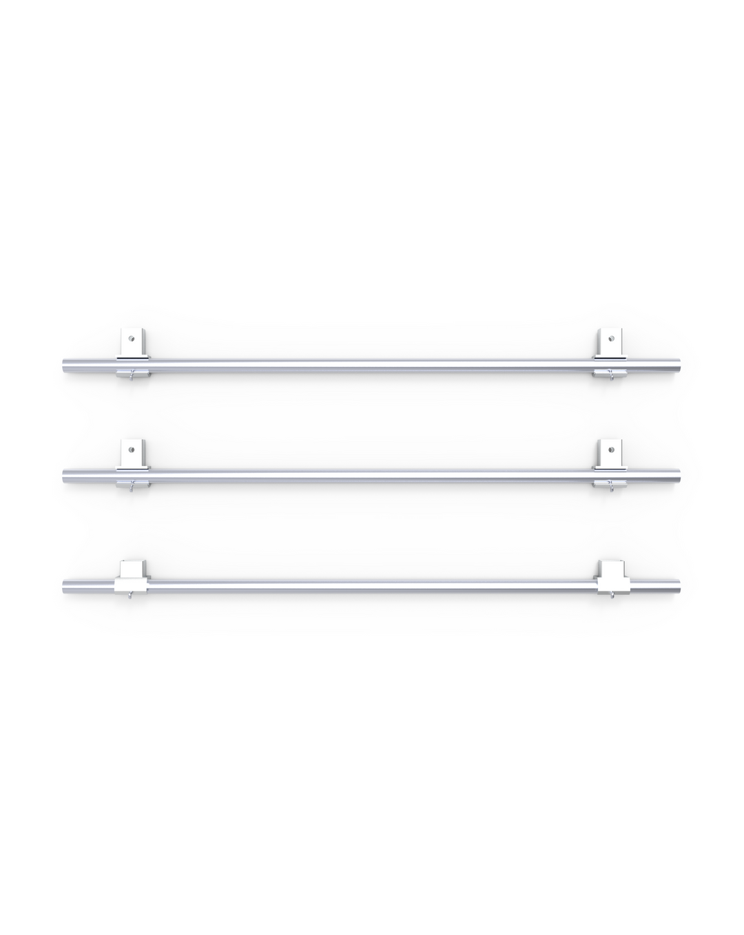 Set of three chrome towel bars on a white background