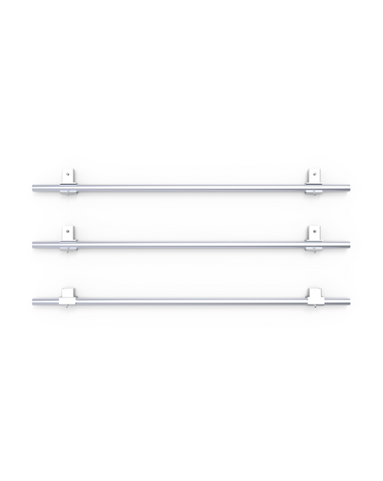 Set of three chrome towel bars on a white background