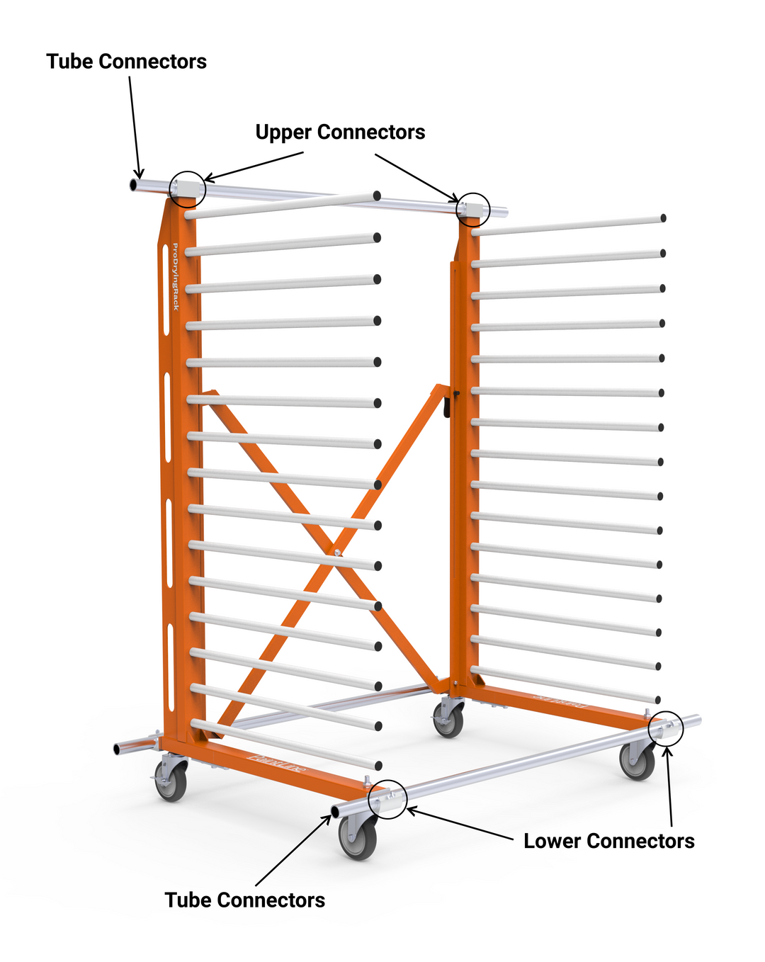 Diagram of a drying rack on wheels with tube connectors on a white background
