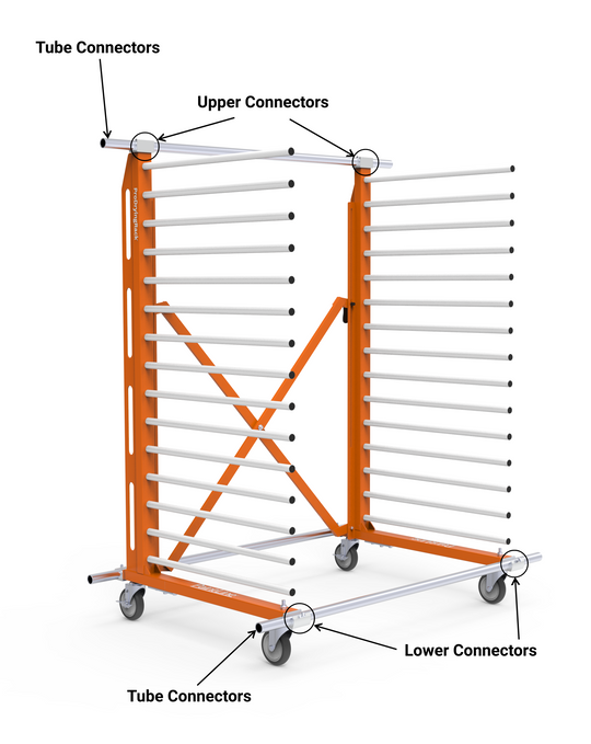 Diagram of a drying rack on wheels with tube connectors on a white background
