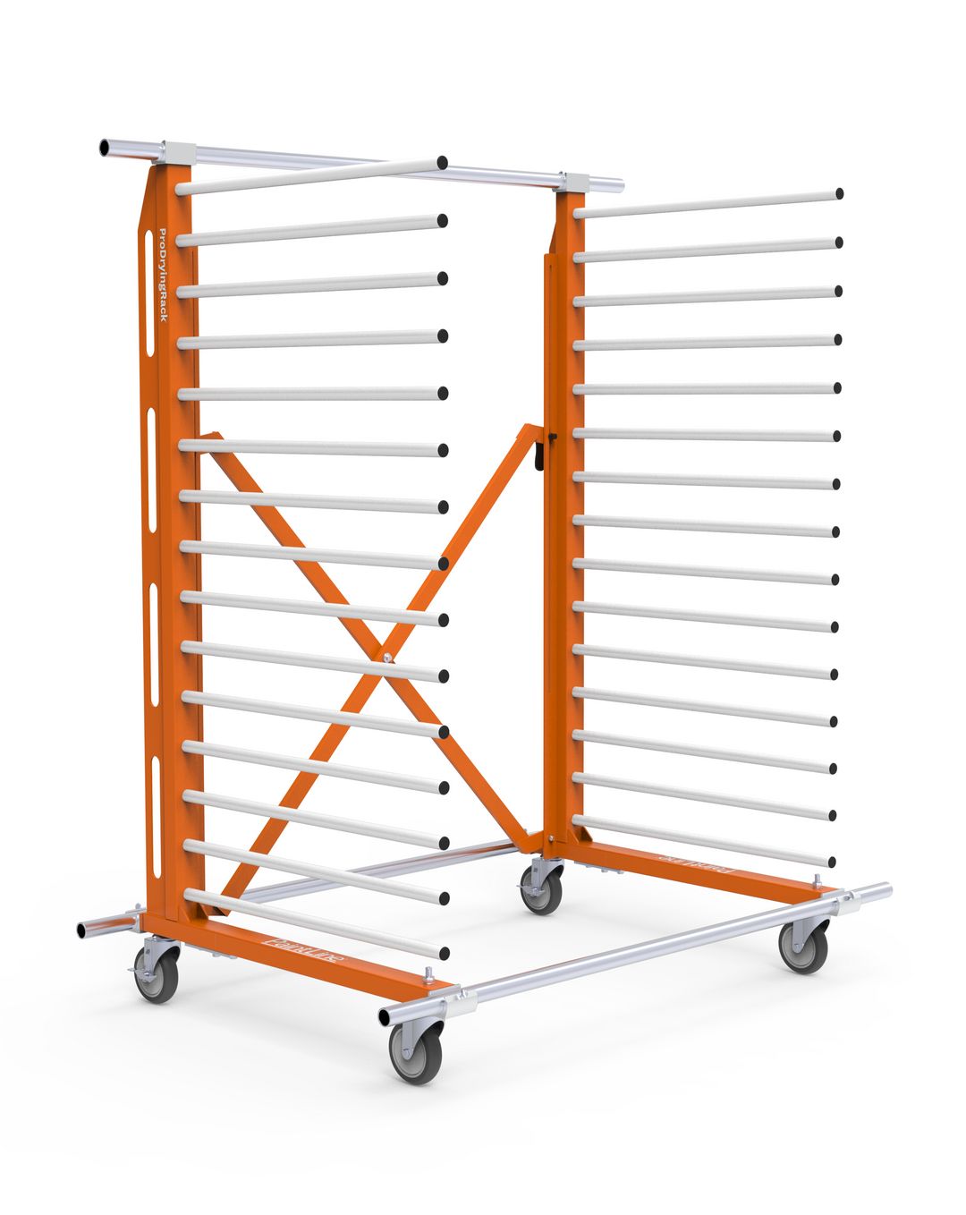 Orange and silver drying rack on a white background