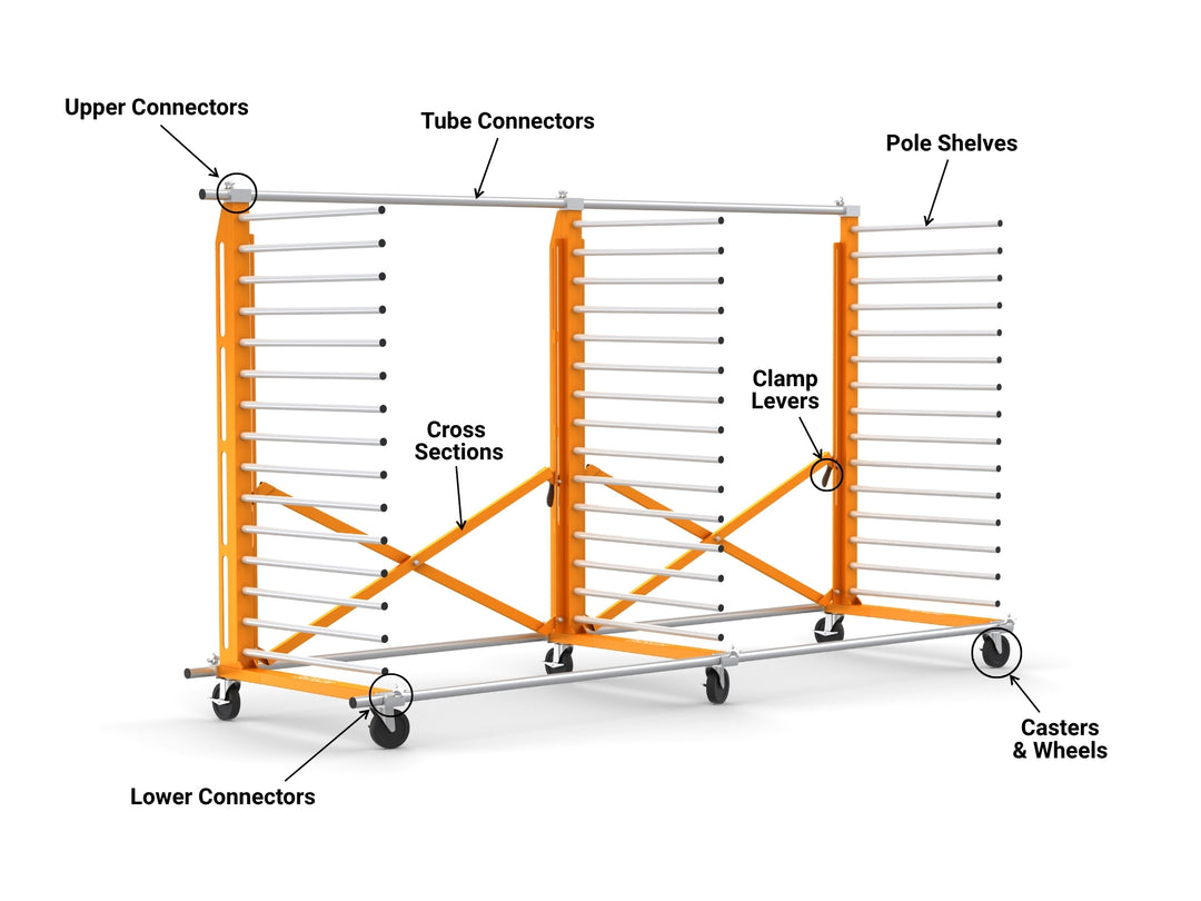 Diagram of an orange a white industrial drying rack with multiple shelves on a white background