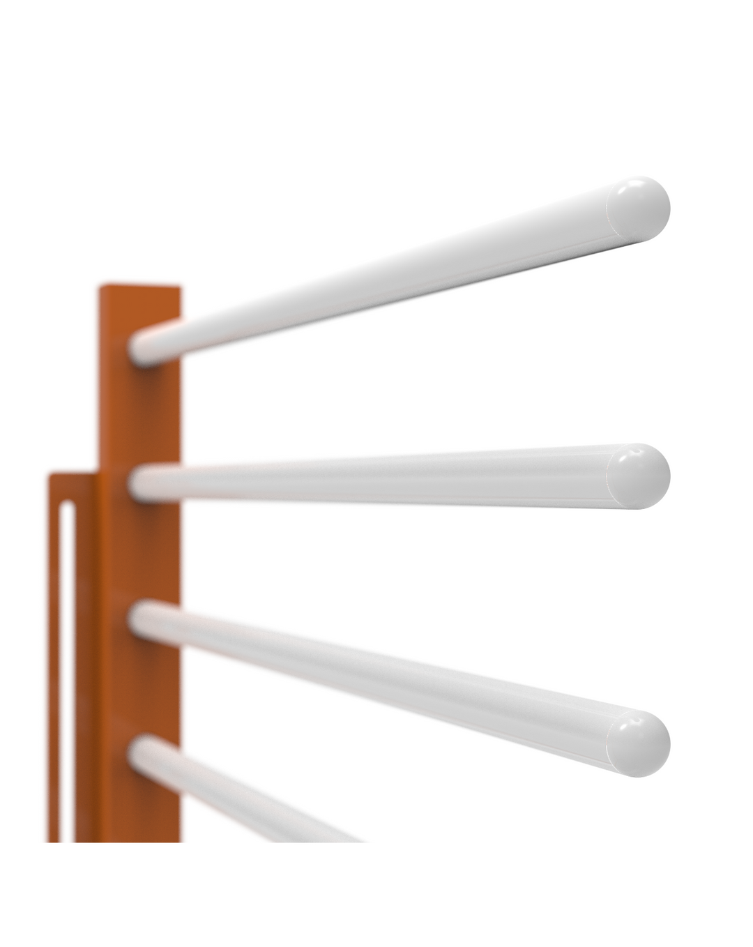 Close up of material handling rack with orange bars and white shelves