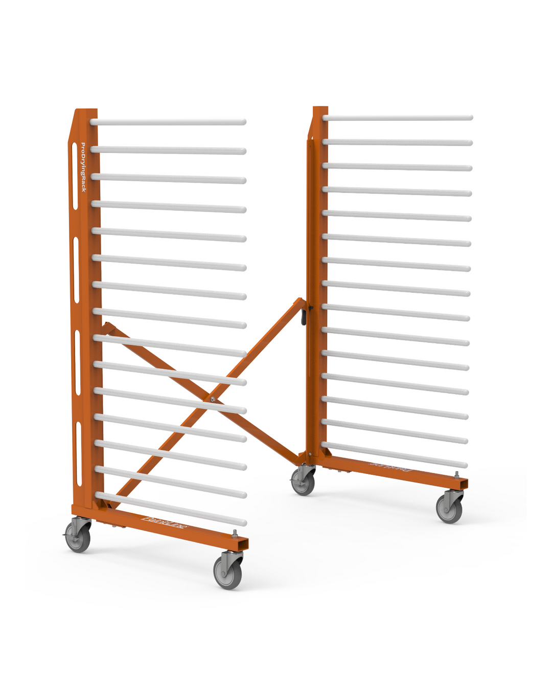 Material handling rack with orange bars and white shelves