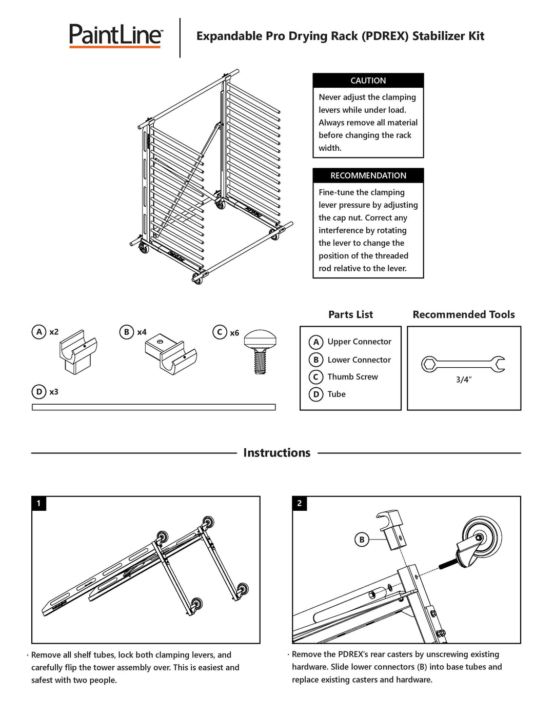 Instruction manual for PaintLine Expandable Pro Drying Rack PDERX Stabilizer Kit with diagrams and text.