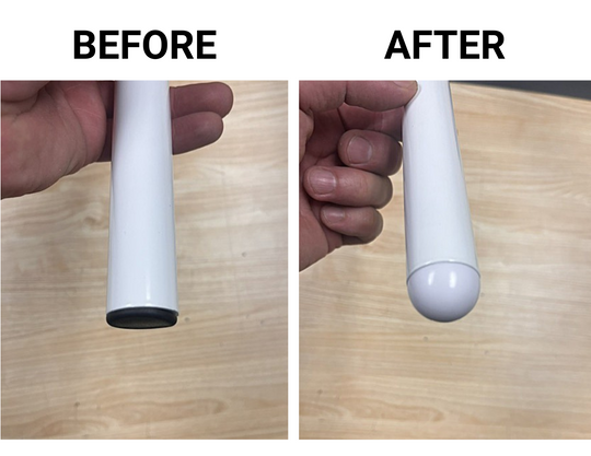 Two close-up images of a PDREX shelf tube, with BEFORE and AFTER descriptive text at the top, showing how the Rounded Shelf Caps work.
