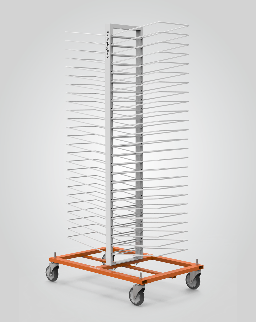 Metal drying rack with orange base and wheels on a gray background