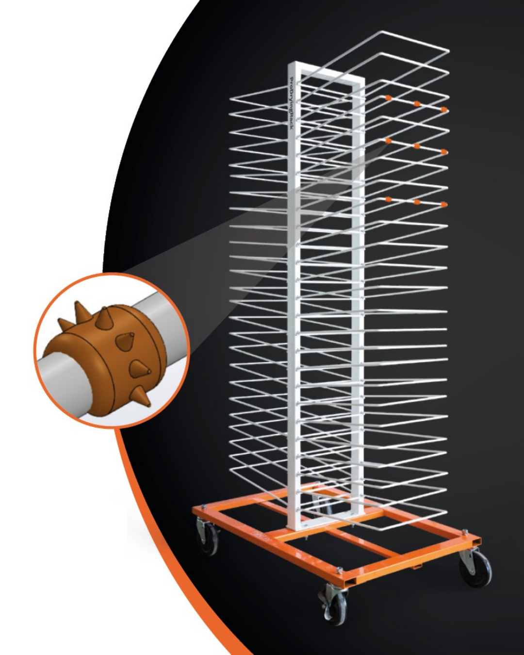 A close up of an orange shelf spike on a 50-shelf cabinet door drying rack