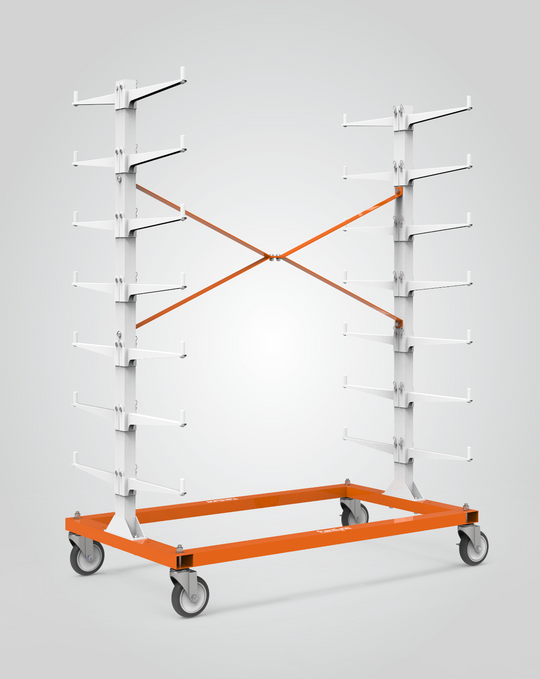 Orange and white rack cart on a gray background