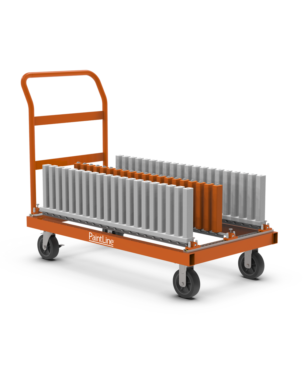 Orange platform cart with wheels, with a transport drying rack attached