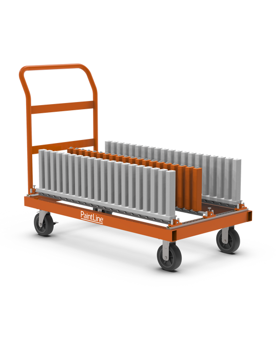 Orange platform cart with wheels, with a transport drying rack attached