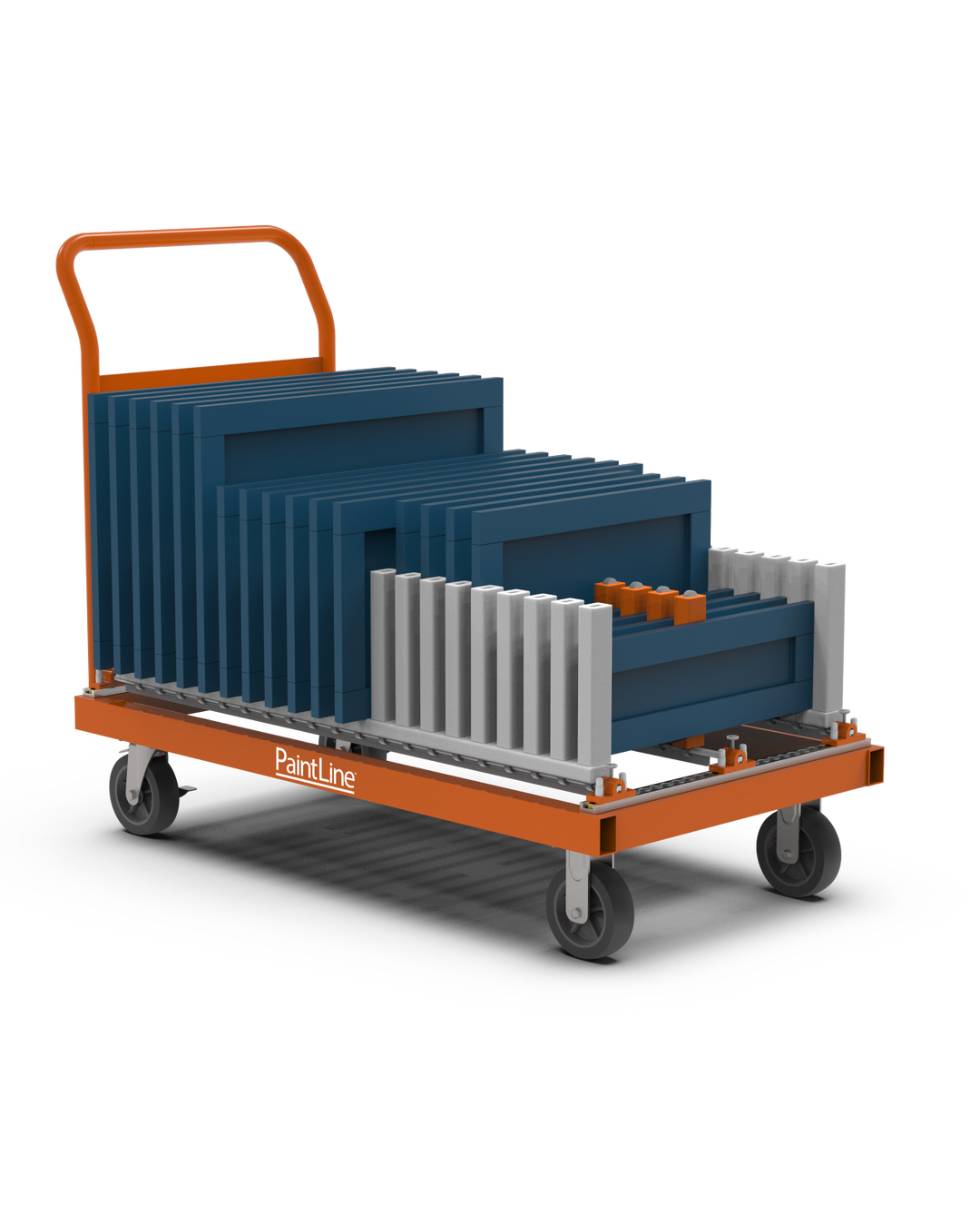 Orange platform cart with a transport rack full of finished cabinet doors