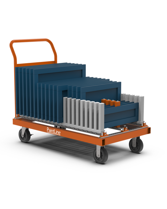 Orange platform cart with a transport rack full of finished cabinet doors