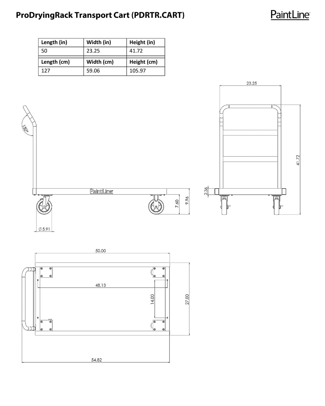 Technical drawing of a ProDryingRack Transport Cart with dimensions labeled.