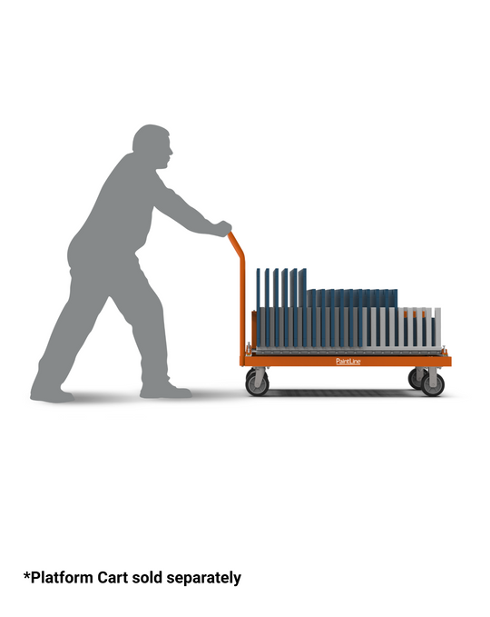 Illustration of a person pushing a platform cart with a load of cabinet doors on a white background