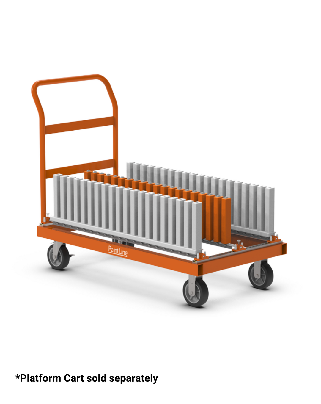 Orange platform cart with a cabinet door transport rack on a white background