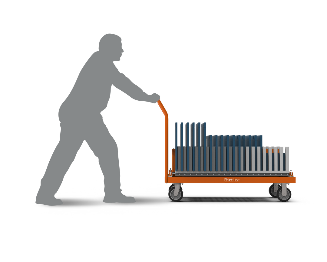 Person pushing a platform cart filled with cabinet doors on a transport rack