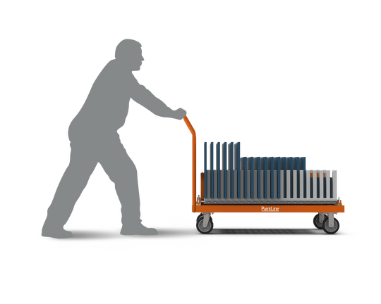 Person pushing a platform cart filled with cabinet doors on a transport rack